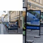 Kolaž dveh slik, ki prikazujeta razstavne panoje, ki so postavljeni na Gallusovem nabrežju v Ljubljani in prikazuje projekte, ki so bili financirani s strani EIB.